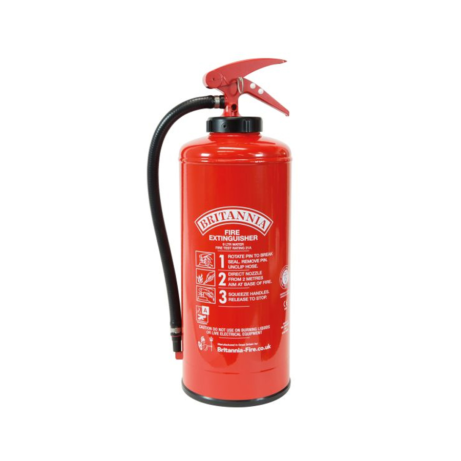 SG00182 Britannia Water Extinguisher 9 liter A (cartridge) Water Extinguishers are suitable for class A fires caused by the combustion of solid materials, mainly of organic origin, such as: wood, paper, straw, textiles, coal etc. General-purpose extinguisher.